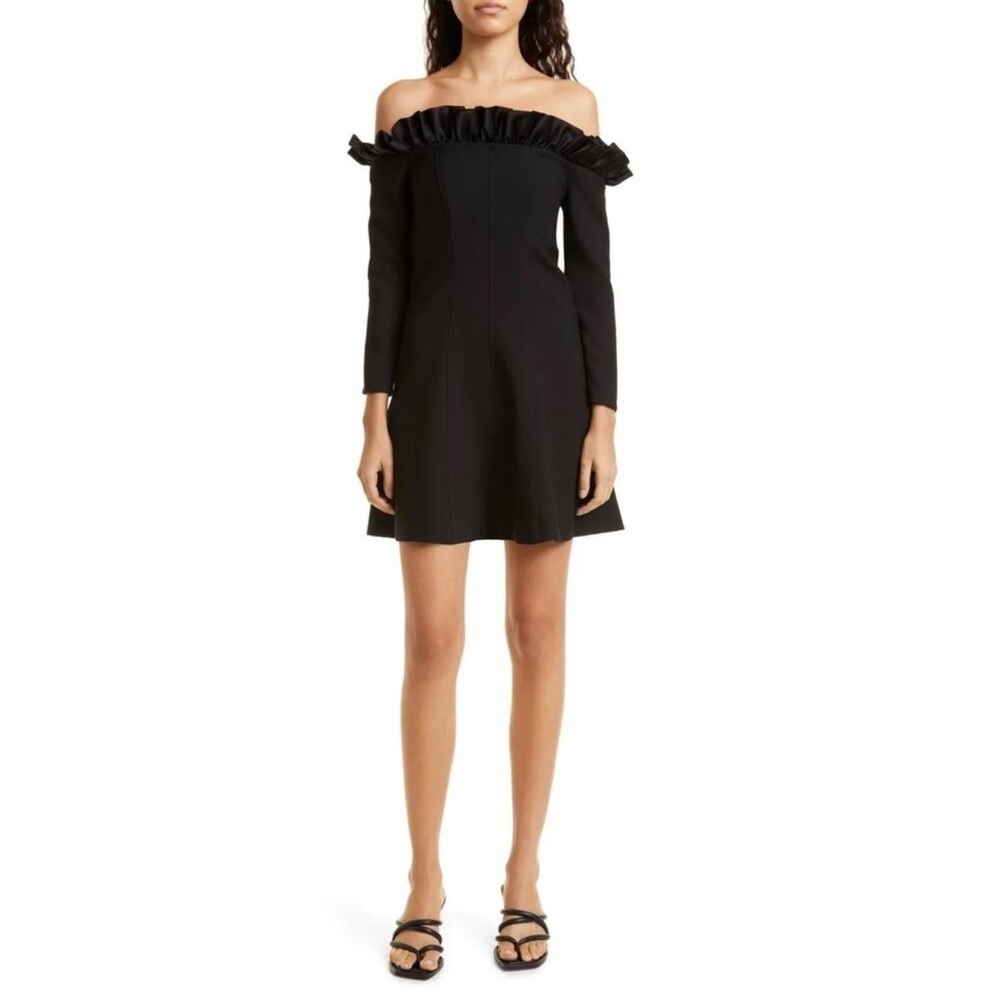 NEW Cinq A Sept Tamra Off Shoulder Long Sleeve Mini Dress in Black Size 6